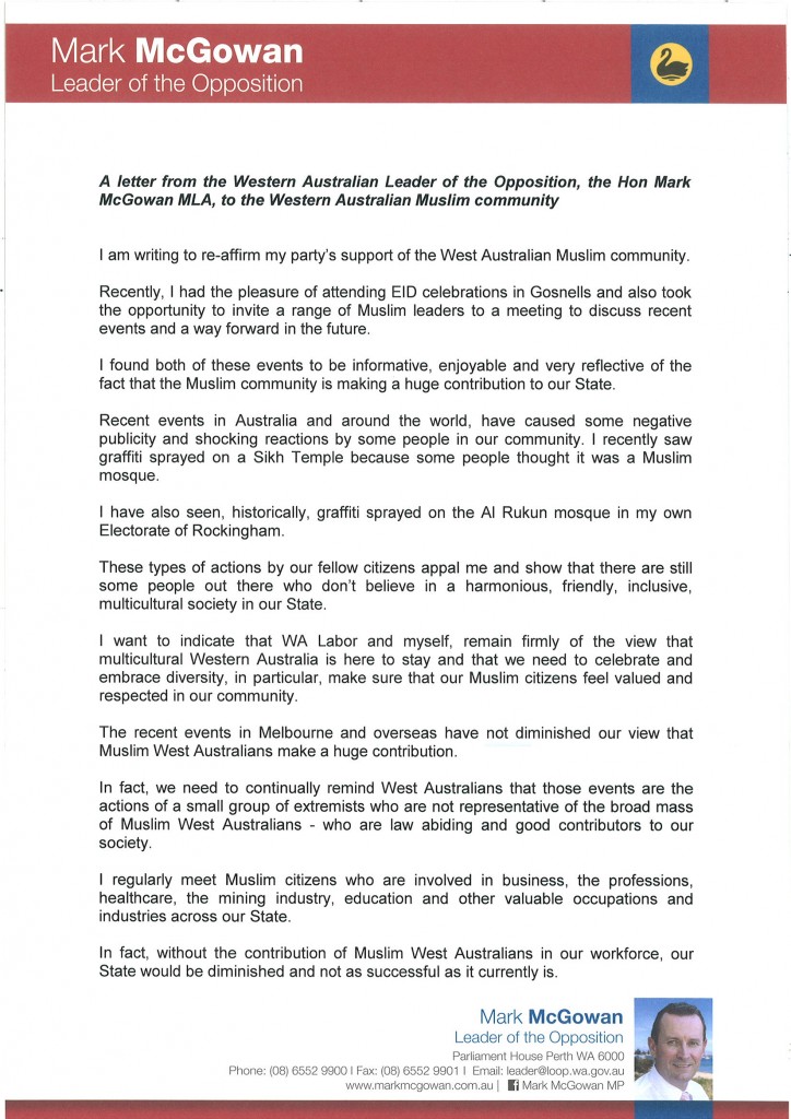 Letter from Opposition Leader Mark McGowan