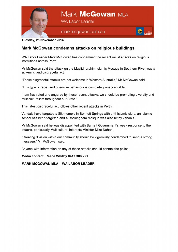 Mark McGowan letter to Muslim community